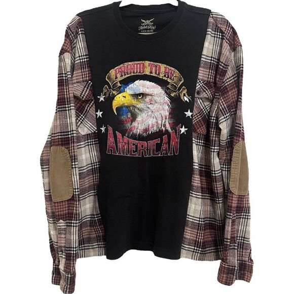 Reworked Upcycled Patriot USA Bald Eagle Grunge Biker Plaid Long Sleeved Shirt - Picture 7 of 9